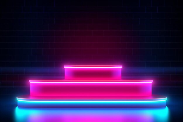 Luzes neon em um pódio em um quarto escuro