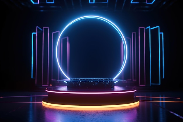 Luzes neon em uma sala escura com um pódio no meio