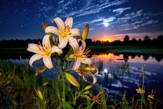 Foto luzes se agrupando em torno de um lírio em flor ao pôr-do-sol