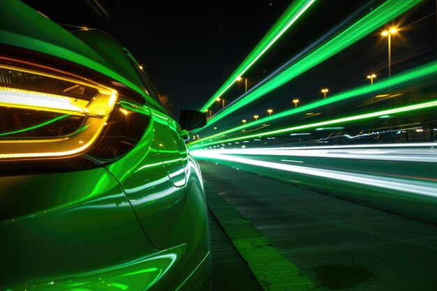 Foto luzes verdes de carro à noite exposição prolongada