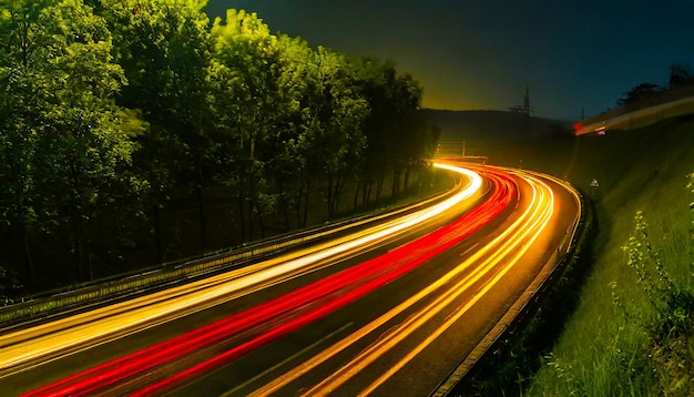 Foto luzes vermelhas e amarelas dos automóveis à noite, exposição prolongada