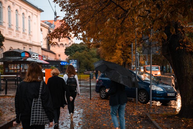 LVIV, UCRANIA - 7 de septiembre de 2018: lluvia en la ciudad. gente caminando con paraguas. el otoño está próximo