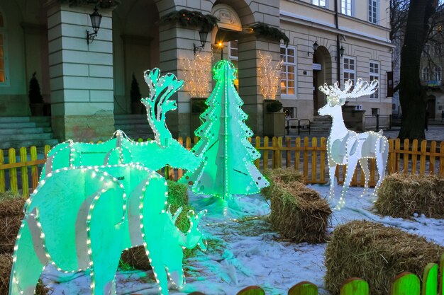 Lviv, Ukraine - 12. Januar 2016: Licht Weihnachtsdekorationen in der Nähe eines Rathauses am Rynok Square