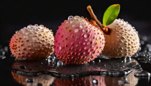 Lychee fresco con gotas de agua en fondo negro Frutas tropicales maduras