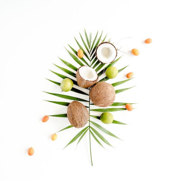 Lyme de hoja de palma verde tropical y coco agrietado sobre fondo blanco concepto de naturaleza flat lay top vi