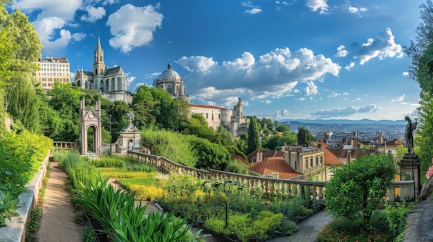 Lyon, França e a Basílica de Notre-Dame de Fourviere do Jardin des plantes