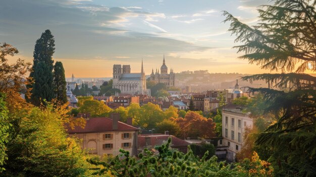 Lyon, França e a Basílica de Notre-Dame de Fourviere do Jardin des plantes