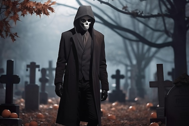 MÄNNER mit Maske stehen auf dem Friedhof und haben Kürbisse beiseite