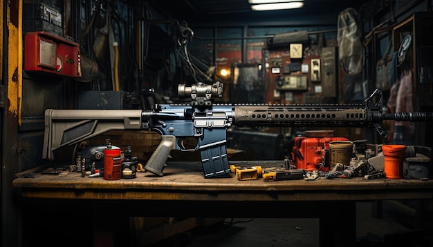 M16 con pegatinas en la mesa en el fondo del tiroteo en el estudio del garaje