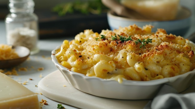 Mac e Queijo infundido com trufa em uma mesa branca