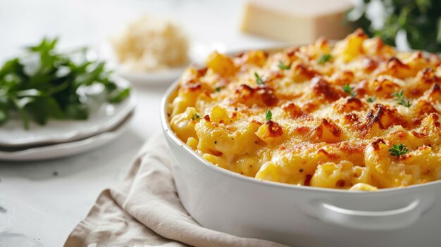 Mac e Queijo infundido com trufa em uma mesa branca