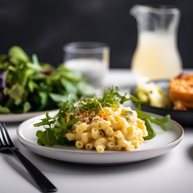 Mac und Käse auf einem weißen Teller, serviert mit Grün und Gemüse