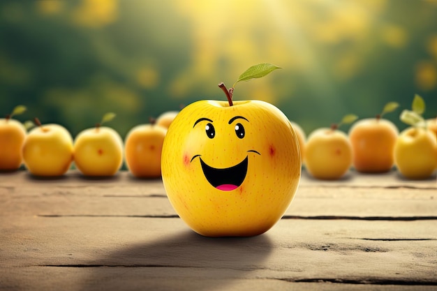 maçã amarela com um rosto sorridente pintado do lado de fora de pé em uma mesa de madeira
