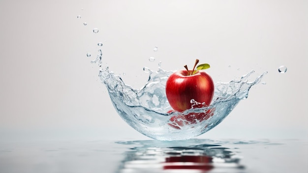 maçã caiu na superfície da água isolada no fundo branco