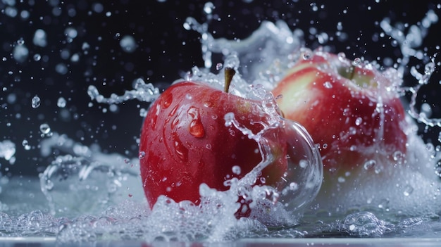 Maçã colidindo com salpico de água Fotografia com câmera de alta velocidade phantom flex 4K Slow Motion