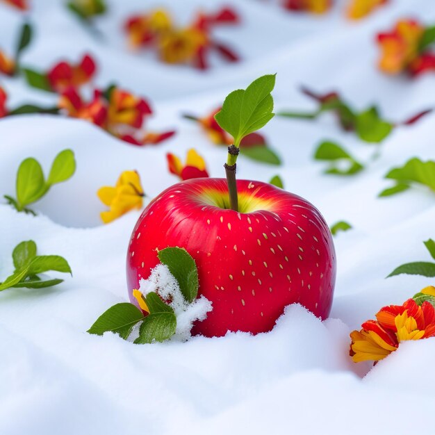 maçã colorida sentada em cima de uma pilha de neve