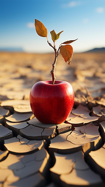 Maçã da cena do deserto em terra rachada significa insegurança alimentar, escassez de água, crise agrícola V