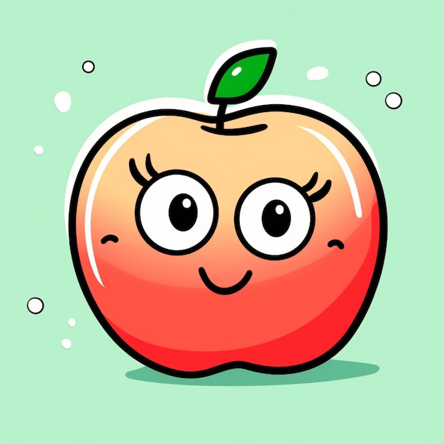 Foto maçã de desenho animado com olhos e uma folha em um fundo verde ai generativo