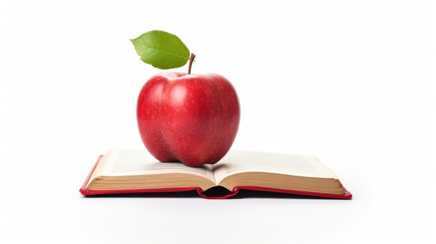 Foto maçã em livro aberto uma maçã repousa cuidadosamente em cima de um livro aberto o contraste entre a fruta vermelha e as páginas brancas criando uma composição simples, mas impressionante