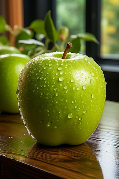 Maçã Granny Smith em fundo de madeira na foto da sala da cozinha IA realista gerada