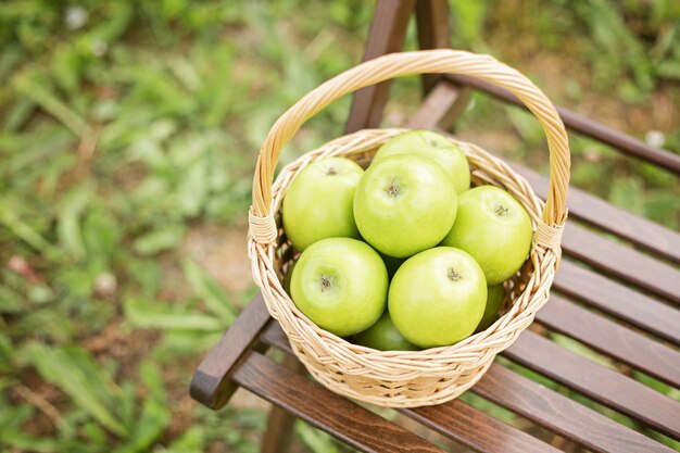 Maçã verde, em, cesta vime, ligado, cadeira jardim, grama verde, tempo colheita, espaço cópia