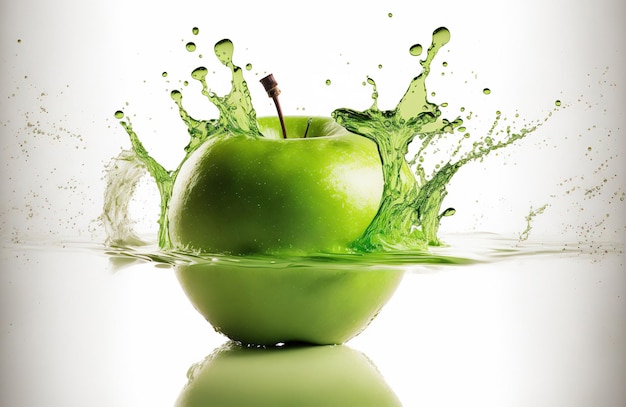 Maçã verde em um esguicho de água Explosão de líquido claro e gotas em fundo branco AI gerado