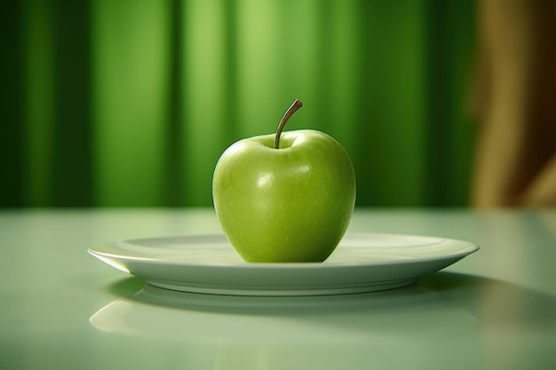 Maçã verde em um prato em um fundo verde alimentação saudável