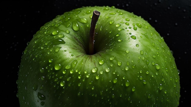 Maçã verde fresca Fruta com gotas Vista superior Fundo escuro Imagem gerada por Ai