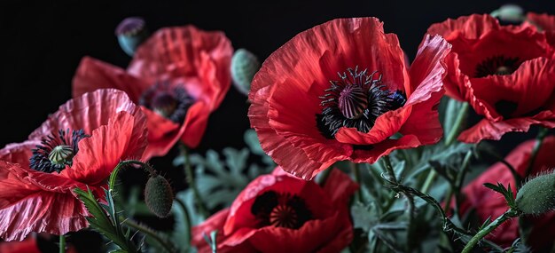 Foto maca vermelha em flor em uma sala escura ia geradora