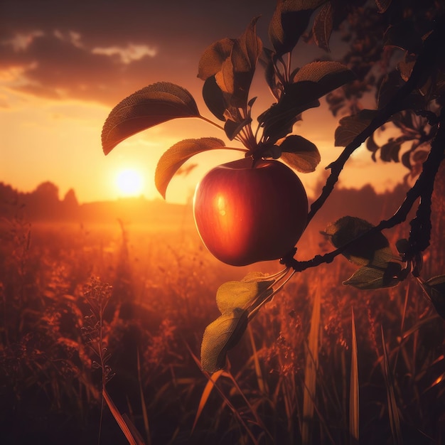 Foto maçã vermelha no pôr-do-sol da árvore no fundo do campo