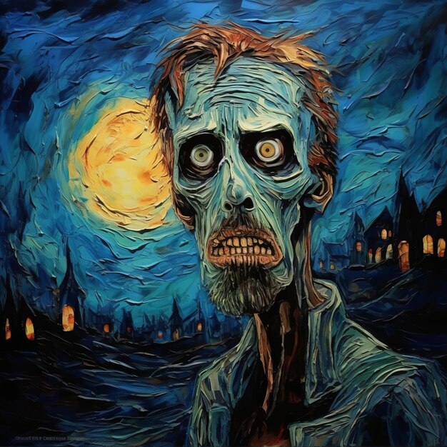 Macabre Zombie pintando personajes congelados en el estilo oscuro de Van Gogh