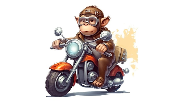 Macaco andando de moto no fundo branco Personagem de desenho animado Ilustração de desenho animado Generative Ai