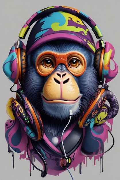 macaco animal colorido grafite néon png Designs sublimes para fones de ouvido de música de camisa