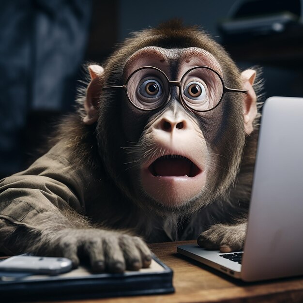 Foto macaco antropomórfico renderizado em 3d trabalhando em laptop olhar assustado com a boca aberta