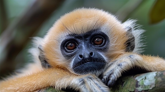 Foto macaco arrafado com um rosto preto e pele castanha descansando em um ramo generativo ai