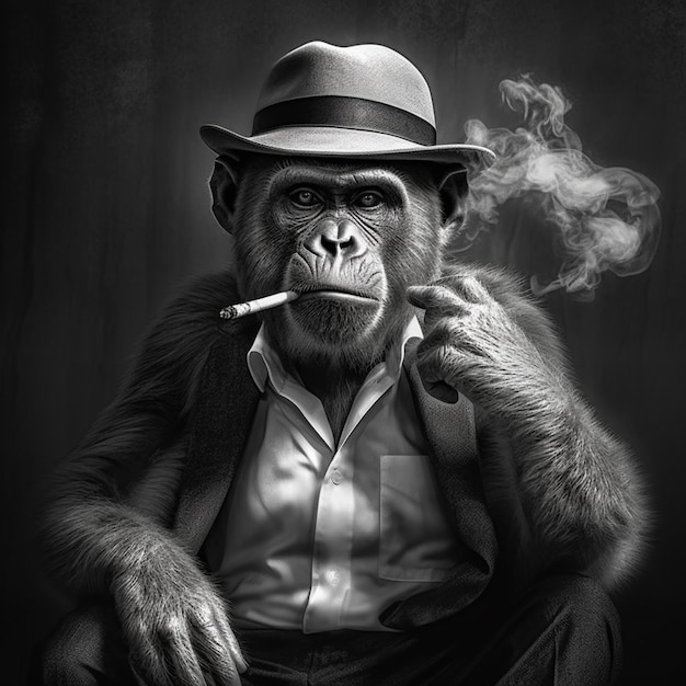 Foto macaco arrafado em um terno fumando um cigarro e usando um chapéu generativo ai