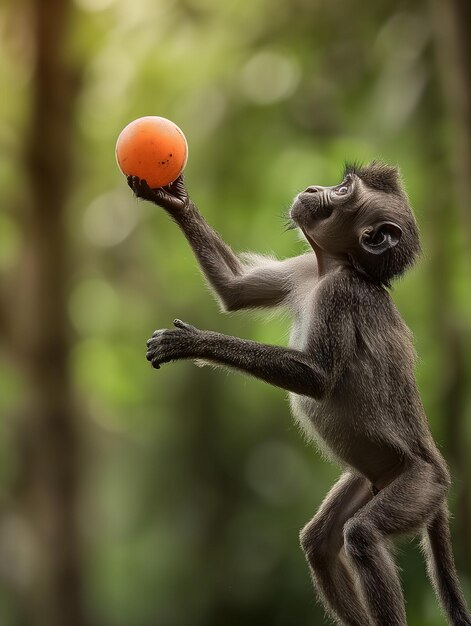 Foto macaco arrafado estendendo a mão para pegar uma bola no ar