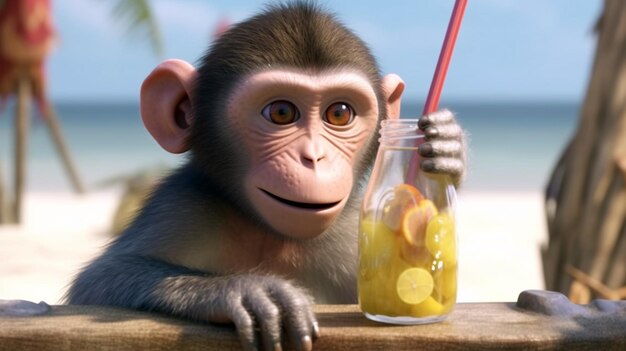 Macaco bebendo suco macaco fofo com limonada na praia generativa ai