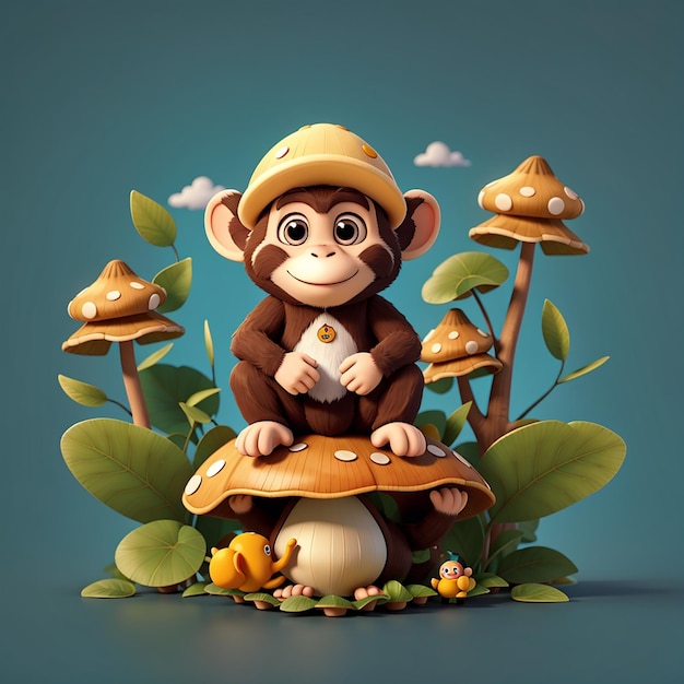 Macaco bonito em cogumelo ilustração de ícone vetorial de desenho animado ícone de natureza animal conceito isolado plano