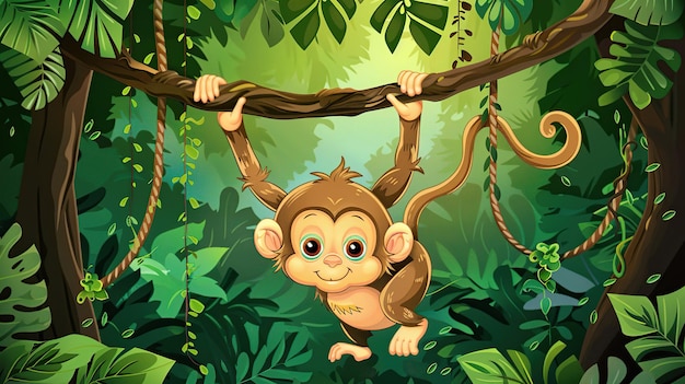Foto macaco bonito pendurado em lianas na floresta da selva generative ai
