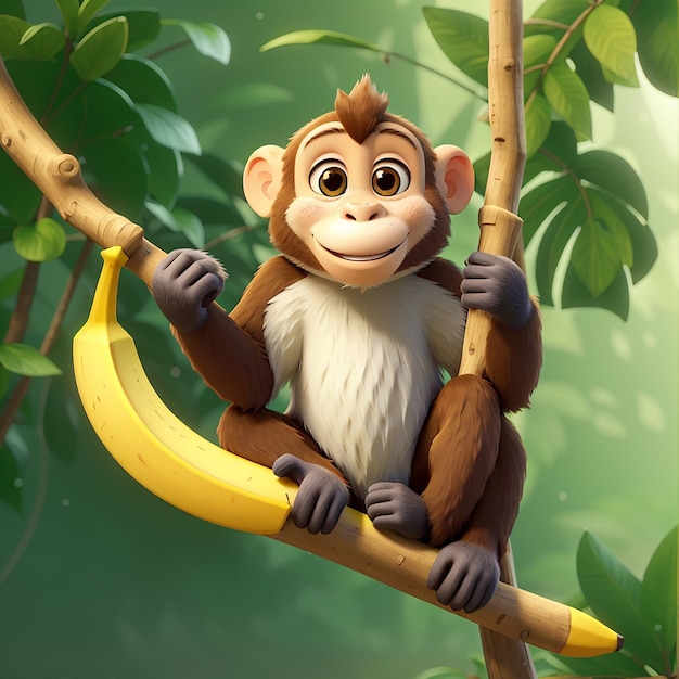 Foto macaco bonito segurando banana ícone vetorial ilustração ícone animal conceito isolado estilo de desenho animado vetorial plano premium