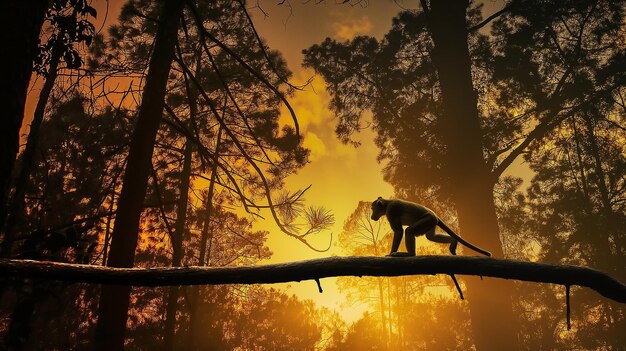 Macaco caminhando em um tronco de madeira na floresta