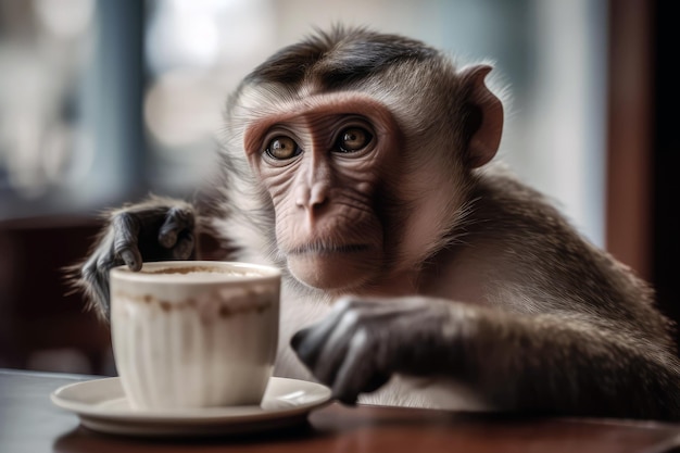 Macaco com expressão cansada segurando Café Au Lait Generative AI