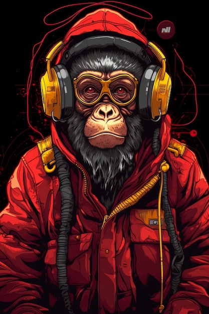 Macaco com fones de ouvido e óculos.