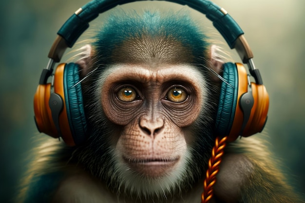 Macaco com fones de ouvido nas orelhas e cordão na orelha Generative AI