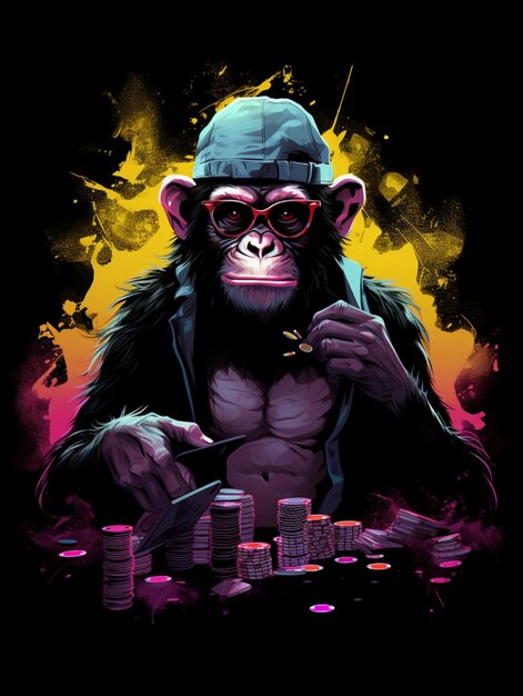 macaco com óculos de sol jogador de pôquer design de camiseta para design de impressão