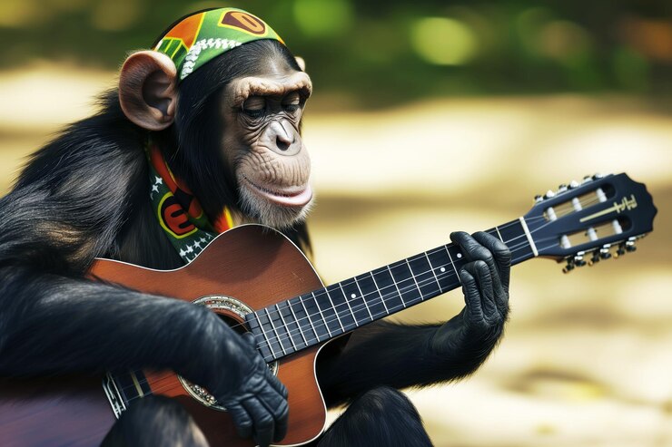Foto macaco com rasta bandana tocando uma guitarra acústica
