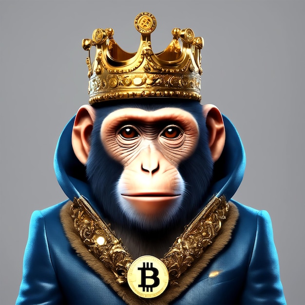 Macaco com um fato de moeda e uma coroa real na cabeça e parece reto UHD 4k 32k