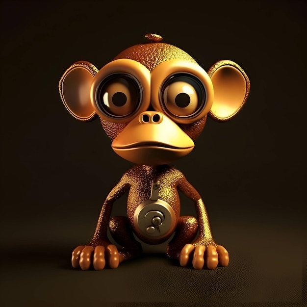 Macaco de desenho animado com moeda na ilustração 3D de fundo preto