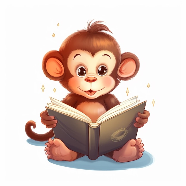 macaco de desenho animado lendo um livro enquanto está sentado no chão